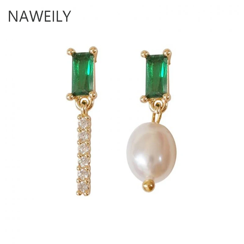Elegant Pearl Stud Earring Genuine Freshwater Pearls Earrings For Women Chic AB Design Asymmetric Green Crystal | Украшения и