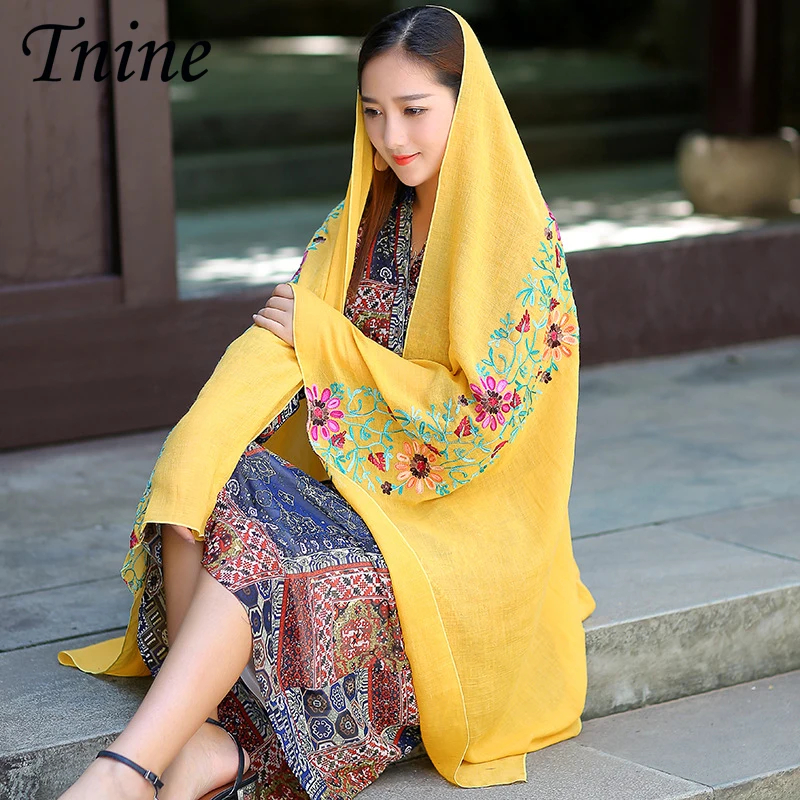 Зимний шарф для женщин Модный хлопковый льняной роскошный брендовый с вышивкой
