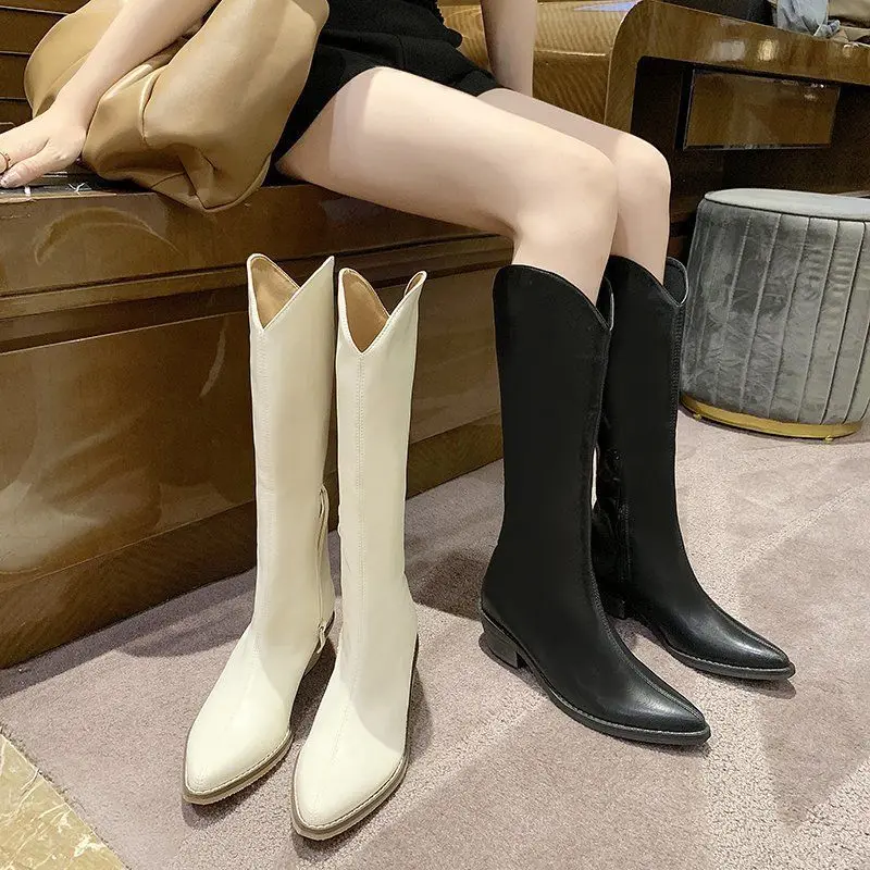 

Long Tube Winter Ladies Boots White Retro High-heeled Thick Heel Women Long Boots High Tube