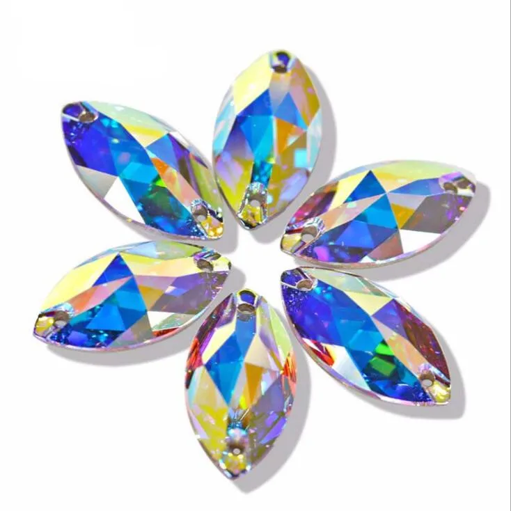 K9 Sew On #3230 AB Crystal Navette Stones Flatback Marquise Sewing Glass Beads for dress jewelry | Украшения и аксессуары