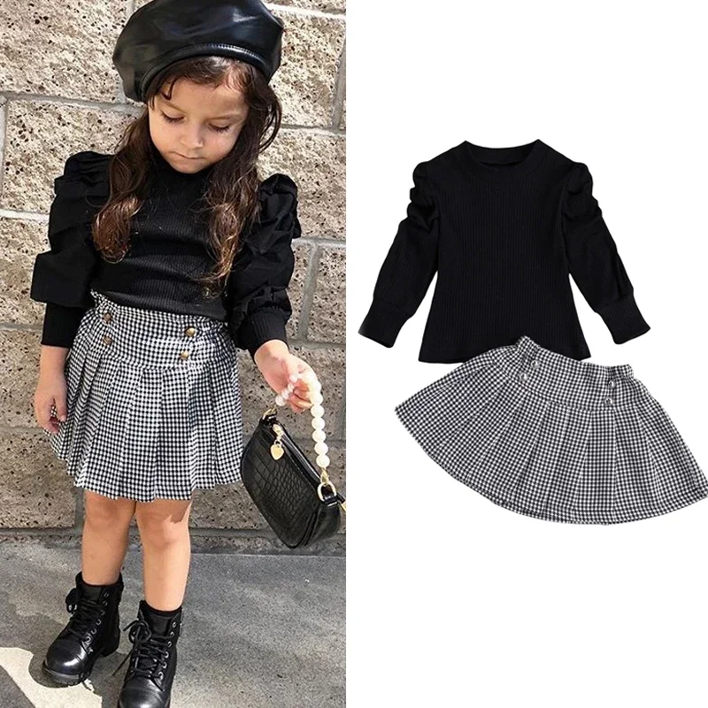 

Huanglanya Infant Baby Girls Clothes Sets 2pcs Ruffles Long Sleeve Knit Solid Sweater Tops Plaid A-Line Skirts