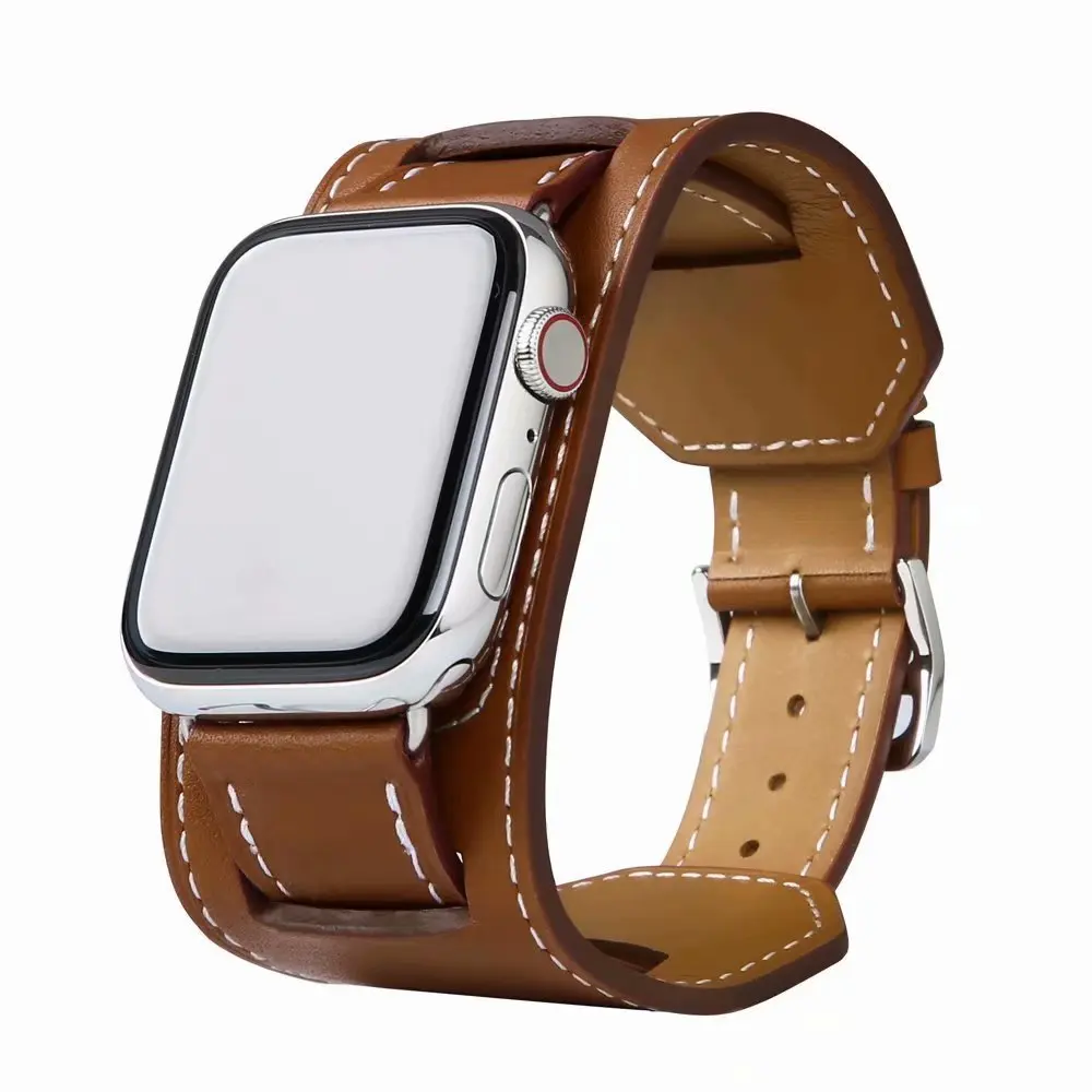 41mm 45mm Cuff Strap for Apple Watch Band 44/40mm 42/38mm Leather Bracelet Belt for iWatch Series SE 7 6 5 4 3 2 1 Watchband