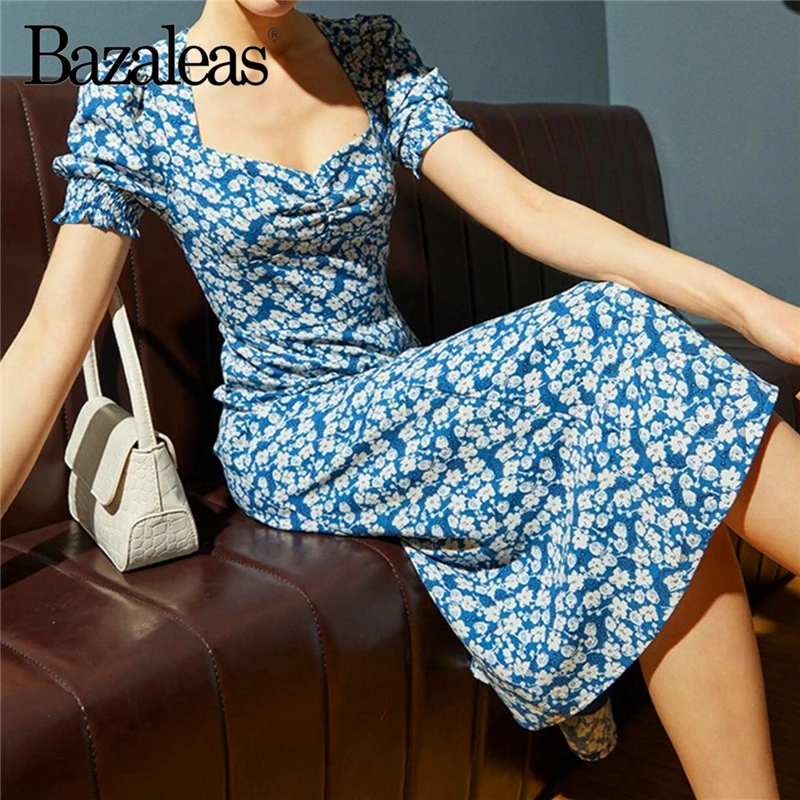 Женское платье с оборками в стиле ретро Bazaleas повседневное женское голубым