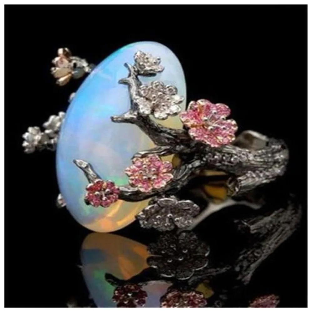 Винтажное черное белое огненное Опаловое дерево цветок Свадебные Кольца для