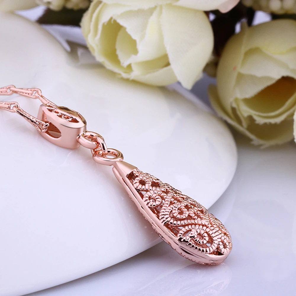 

LEKANI Trendy Necklaces For Women Water Drop Hollow Pendant Necklace Tin Alloy Fashion Jewelry Rose Golden Give Girlfriend GIft