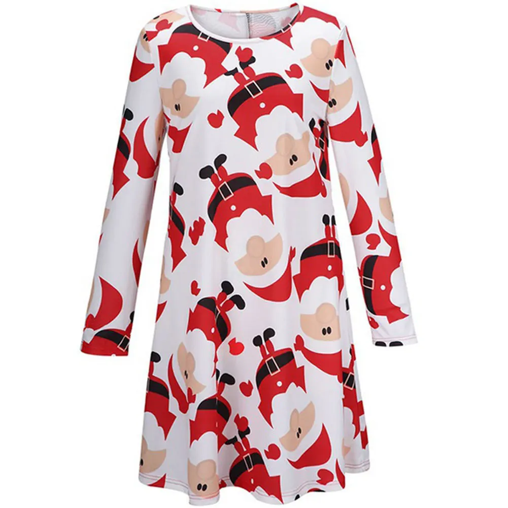 

Women Dress Christmas Casual Multicolor Polyester Floral Printing Long Sleeve O-Neck Above Knee Loose Mini Dress