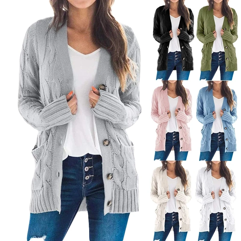 

Women Knitted Cardigan Sweater Autumn Winter V-Neck Button Long Sleeve Sweaters Coat Casual Pockets Solid Femme Knitwear Coat