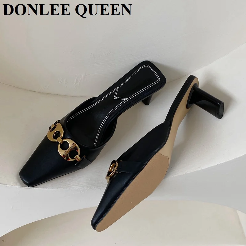 

Mid Heels Slippers New Fashion Close Toe Mule Shoes Women Slip On Casual Loafers Brand Slides Spring Flip Flops Zapatillas Mujer