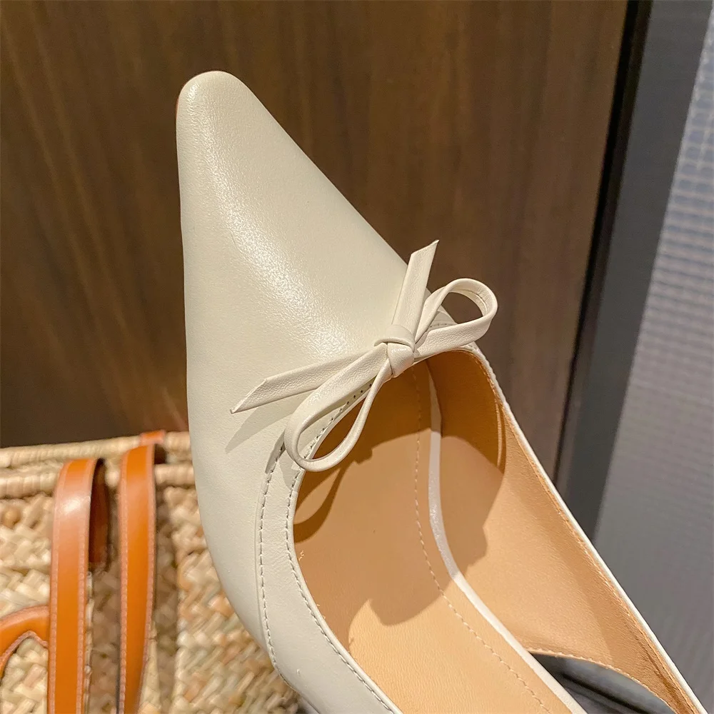 

Kanseet Butterfly-Knot Decoration Women Slingbacks Shoes Square Toe High Heels Shoes Cow Leather Pumps Party Dress Beige Size 41