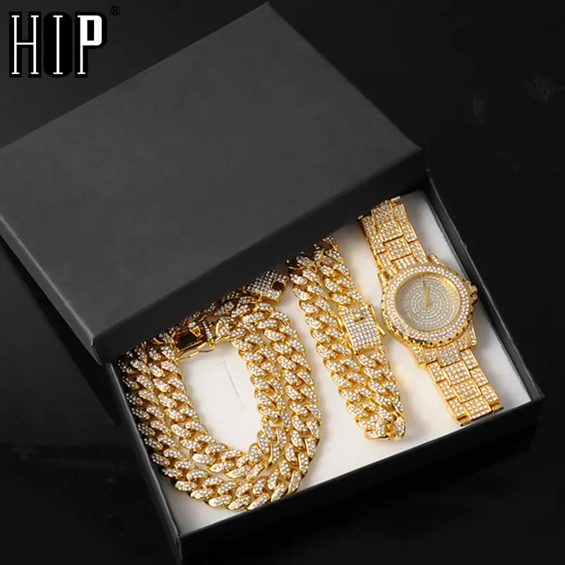 Hip Hop Necklace +Watch+Bracelet Iced Out Paved Rhinestones Miami Curb Cuban Chain CZ Bling Rapper For Men Jewelry