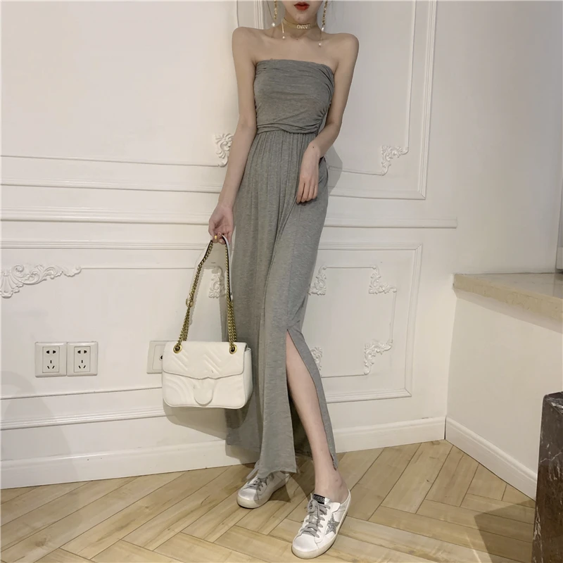 

Make firm offers to han edition pure color strapless gown with render skirt split cultivate one's morality show thin women dress