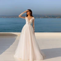 heavy industry wedding dress sheer v neck a line long sleeve floor length crystals beading bridal gowns vestidos de novia