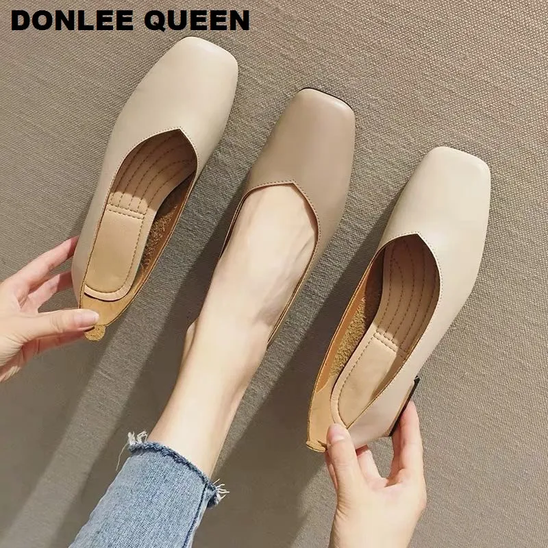 New Spring Flats Shoes Women Wooden Low Heel Ballet Square Toe Shallow Brand Shoe Slip On Loafer zapatos de mujer big size 35-41