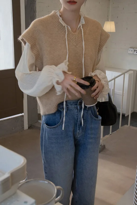 

Knitted Vest for Women to Wear Outside 2021 Early Spring New Korean Loose V-neck to Thin Overlap and Wear Inside Vest