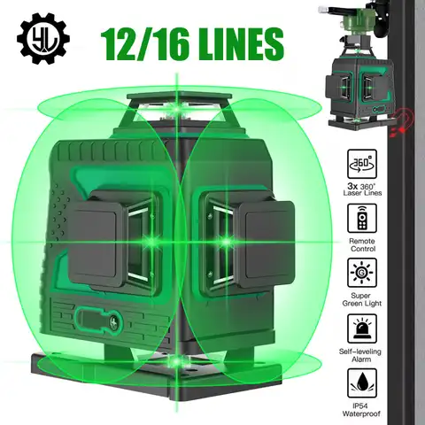 Самонивелирующийся зеленый лазерный уровень, 12/16 линий, 3D/4D, 360 градусов