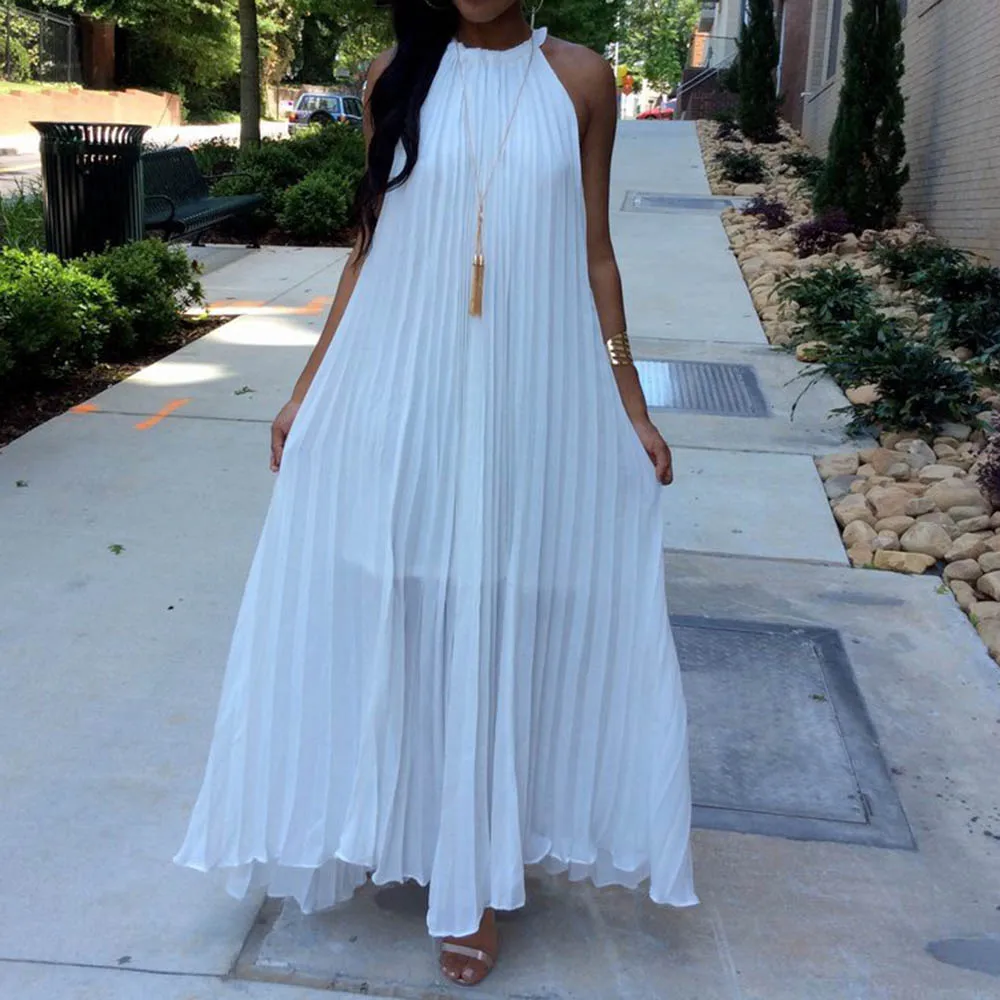 Плиссированное синее платье макси 2019 летние женские пляжные платья без рукавов с