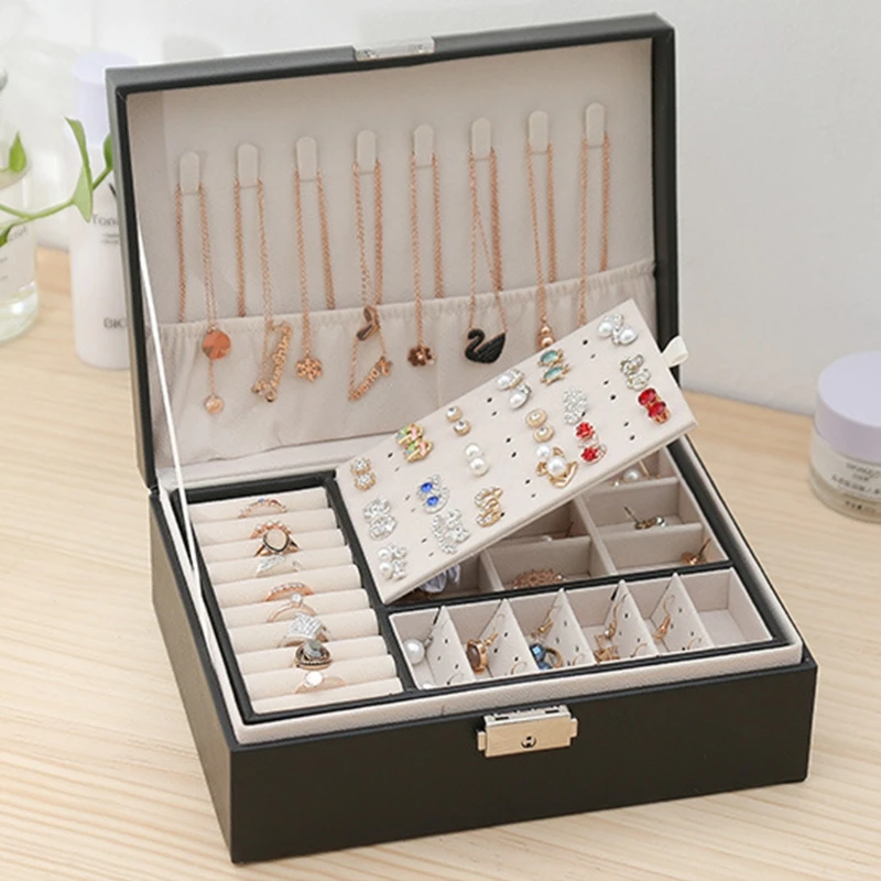 

Protable Travel PU Double Layers Jewelry Box Display Organizer Earrings Rings Necklaces Storage Holder