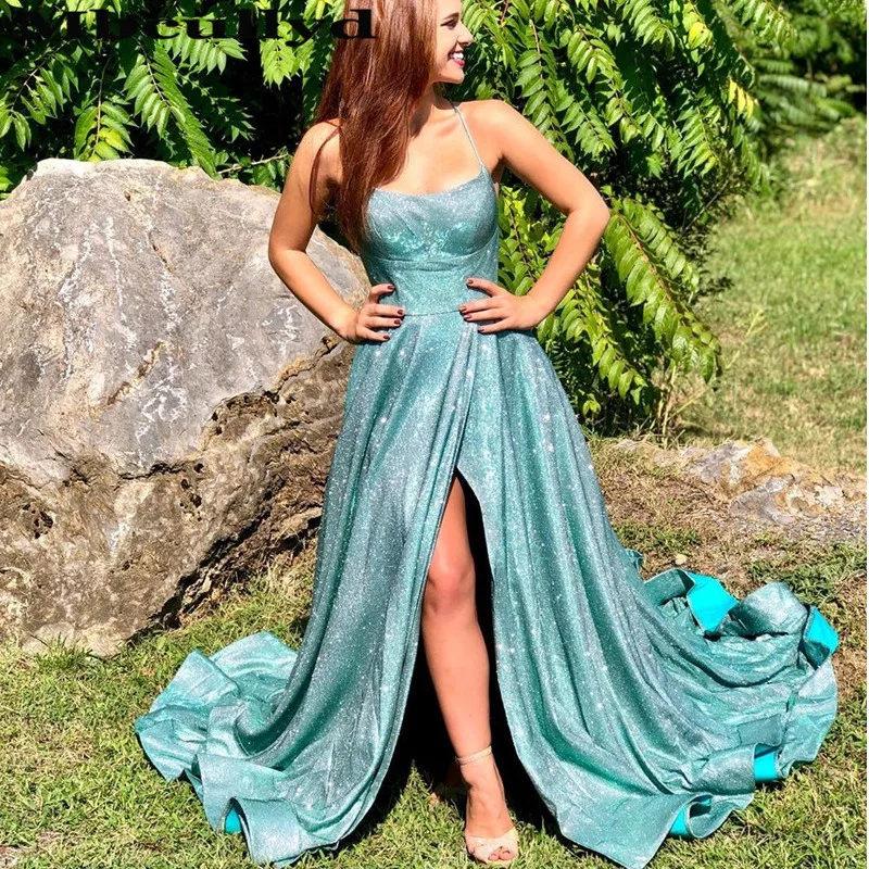 Длинное блестящее зеленое бальное платье Mbcullyd 2020 сексуальное вечернее с высоким