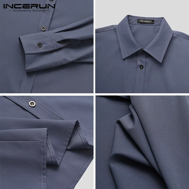 

INCERUN Men Shirts Long Sleeve Solid Color Blouse Turn Down Collar Dress Shirts Man Spring Loose Button Camisa Streetwear S-5XL