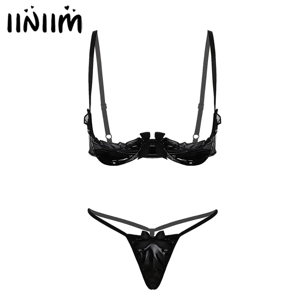 

Womens Latex Lingerie Sets Ladies Sexy Exotic Evening Parties Micro Lace Trimmed Underwired Bra Tops with Bowknot Briefs Thongs