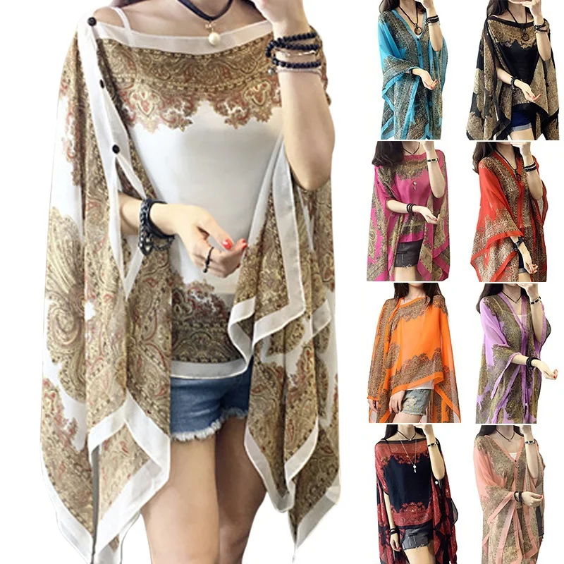 

2020 Floral Print Scarves Summer Chiffon Poncho Cape Women Elegant Shawl Female Silk Scarf Sunscreen