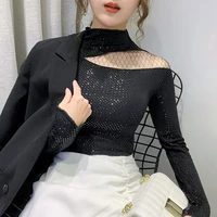 women tops t shirt 2020 sequin sexy off shoulder one sleeve black elegant aesthetic club party autumn winter women t shirt