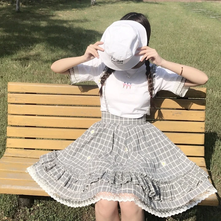 Kawaii Лолита юбка японский стиль 90 подростков мягкая Сестра Дейзи аппликации кружева лоскутное рюшами Сарафан в клетку юбки