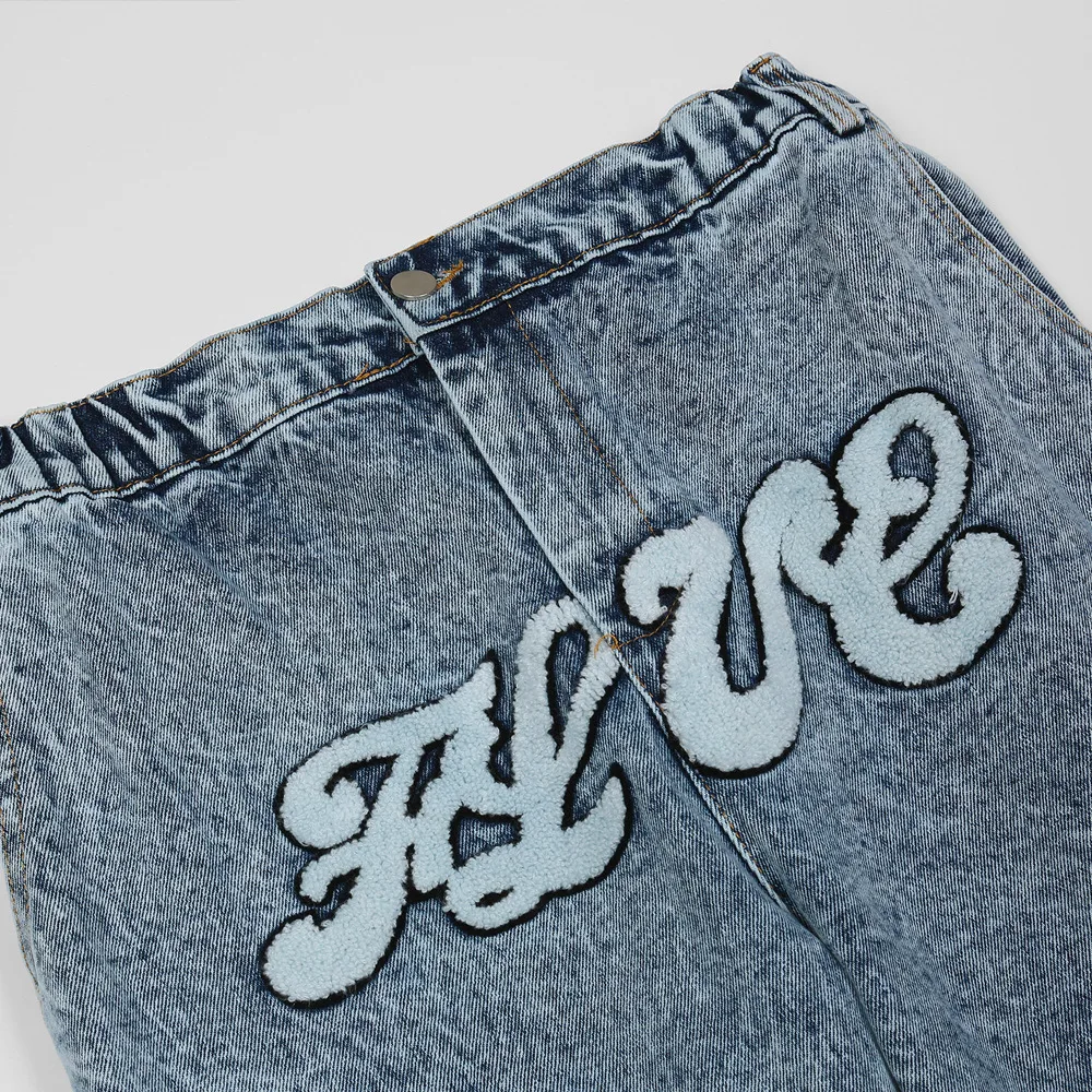 Korean Fashion Star Letter Embroidery Washed Men Oversize Jeans Trousers Hip Hop Distressed Retro Straight Denim Pants Pantalon