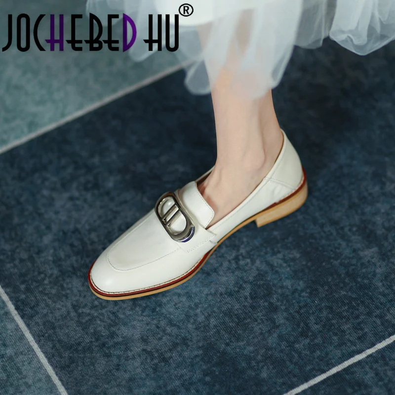 

【JOCHEBED HU】2021 Autumn Women Loafers Genuine Cow Leather Round head Flats with Metal Buckle Decoration Shoes for Handmade