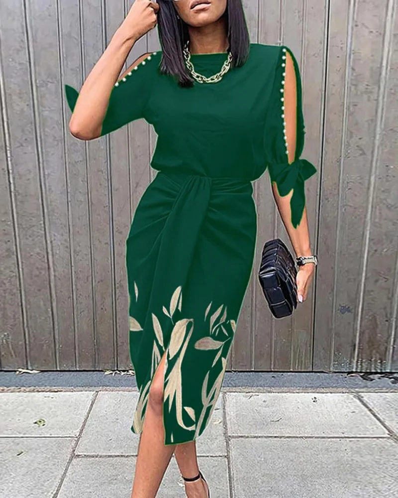 

2021 New High Waist Blue Casual Hollow Printed Sleeve Mid-length Casual Dress