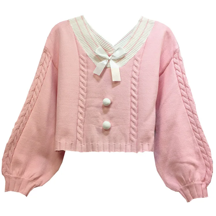 

Kawaii Soft Girl Short Open-neck Sweater Pullover Twist Sweet Fresh Student Soft Girl College Style Sweater Women Sweaters