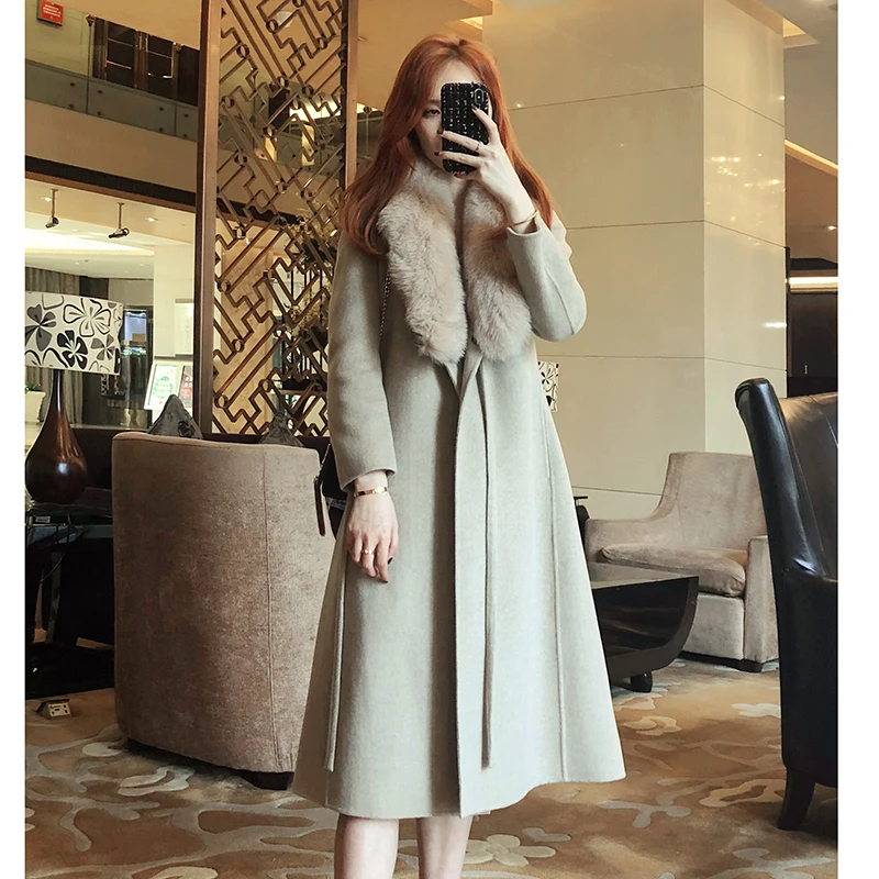 

double-sided new high quality 2020 cashmere coat female super large fox fur collar slim long wool woolen coat en