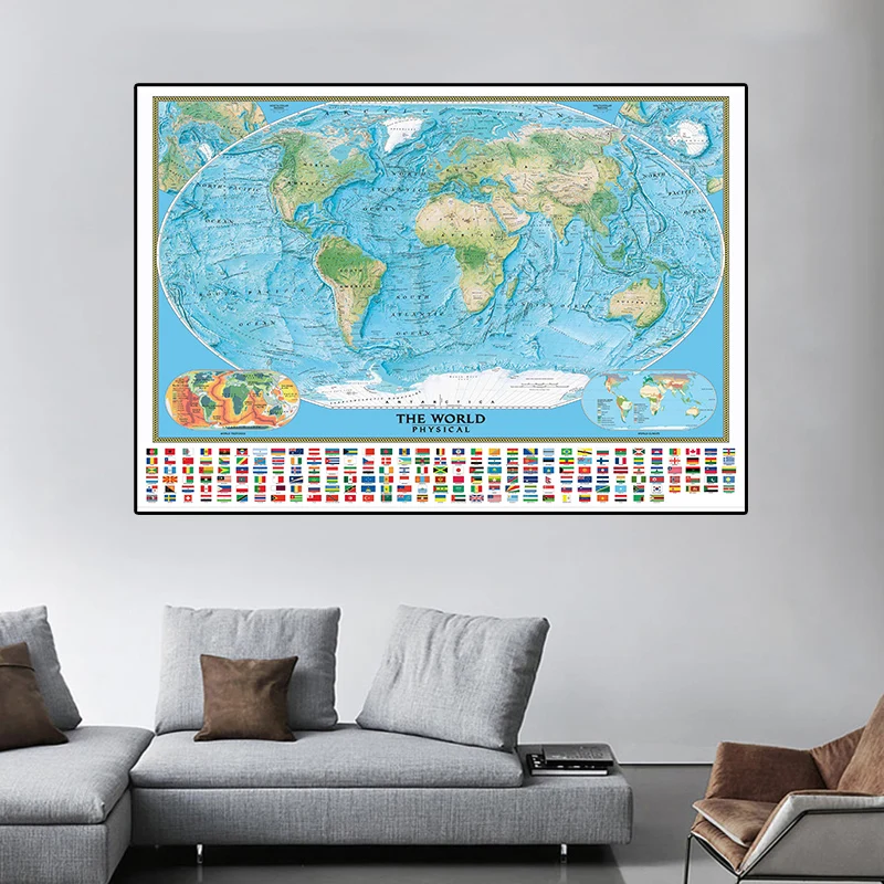 

225*150cm The World Map with National Flags with World Climate and Tectonics Non-woven Canvas Painting Wall Poster Home Decor