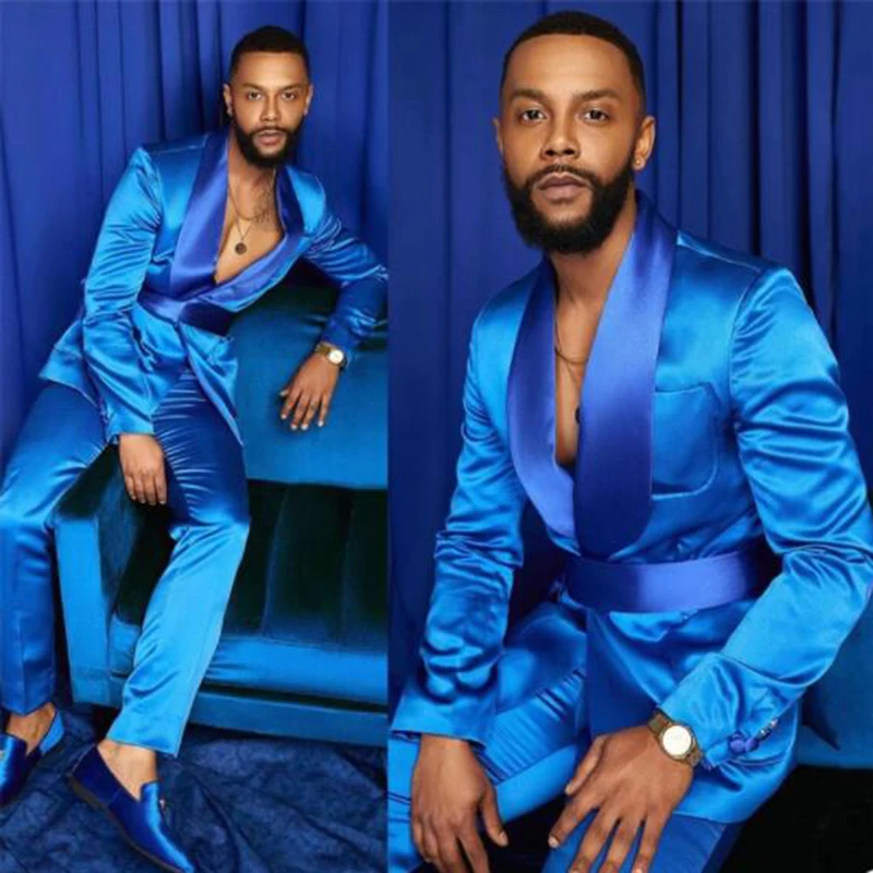 Men's Suit 2 Piece Set Silk Satin Wedding Tuxedo Party Wear Fit Fashion Blue Business Best Male Point Lapel Blazer Pants костюм