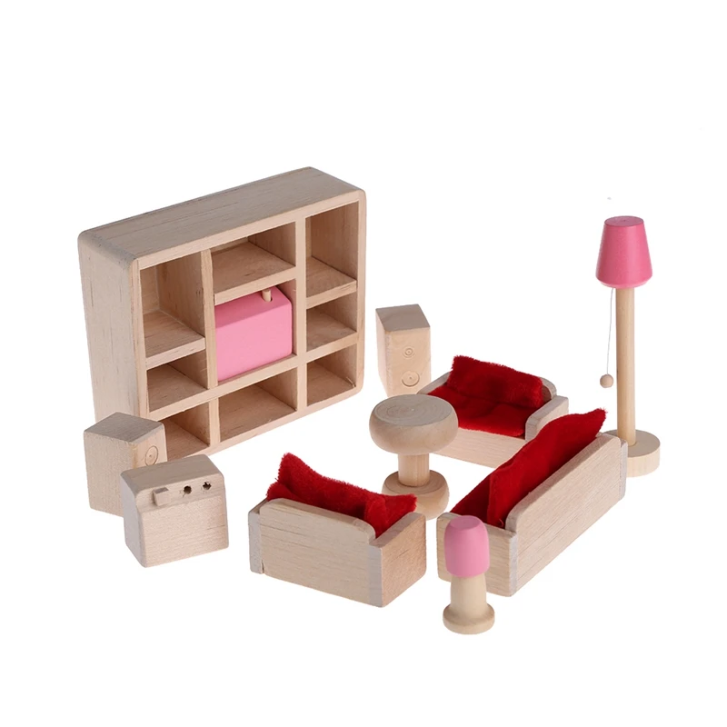 

Kid Wooden Furniture Dolls House Miniature 5 Room Set Doll For Christmas Gifts