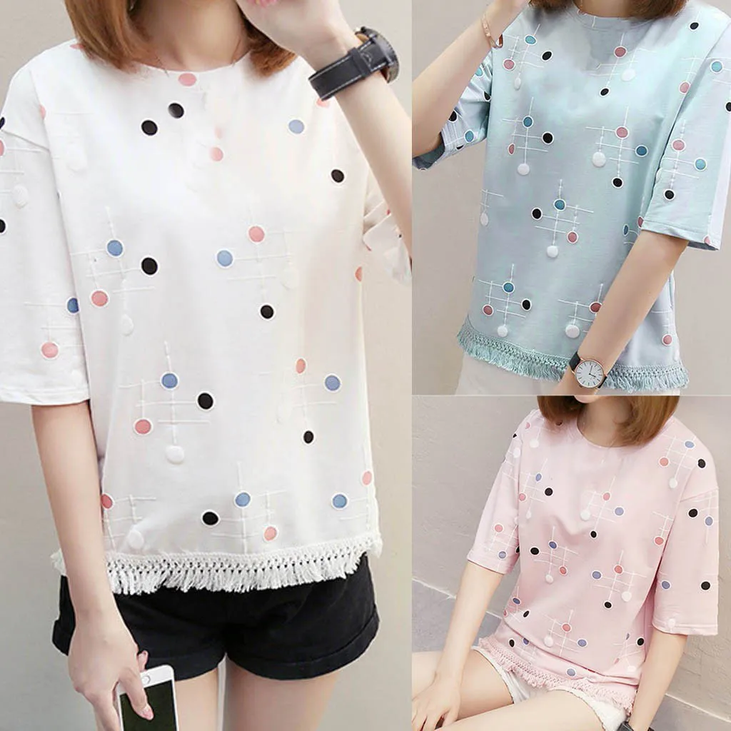 Женская футболка с кисточками для отдыха круглым вырезом и коротким рукавом топ