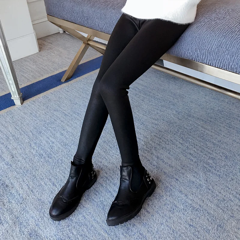 

Children PU Leather Leggings Korean Black Color Skinny Warm Girl Pants Winter Plus Fleece Trousers Outdoor Leisure Kids Leggings