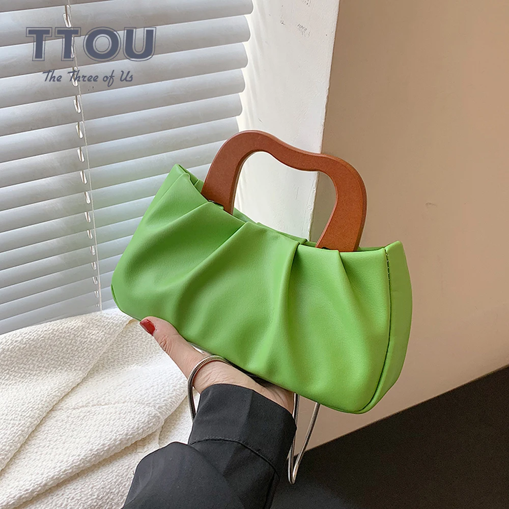 

Small PU Leather Crossbody Bags For Women 2021 Branded Luxury Simple Travel Ladies Chain Handbags Folds Design Wood Handle Purse