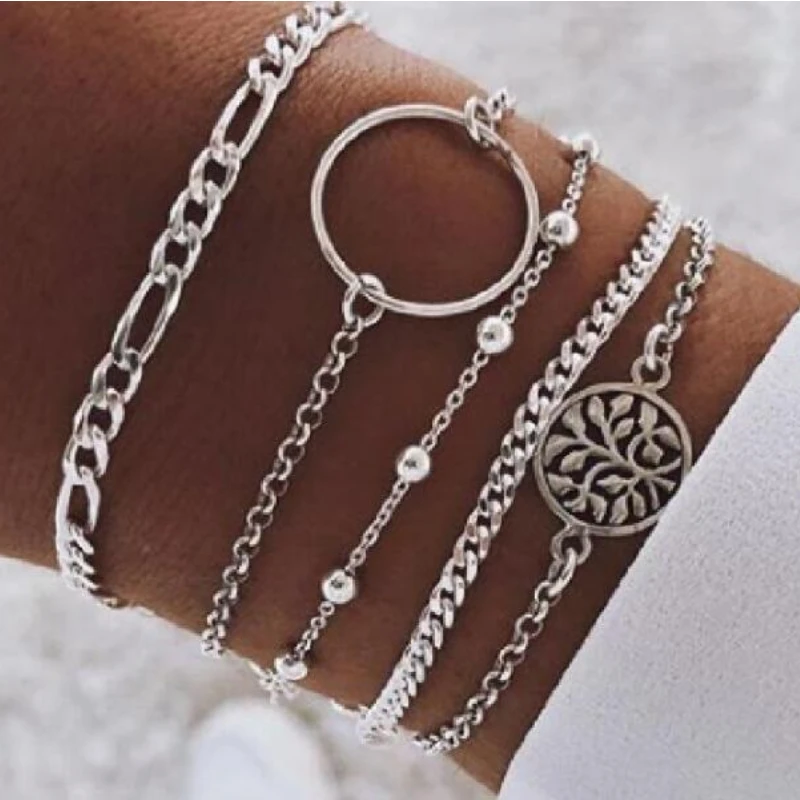 

Newly Designed Fashionable Simple Hollow Circle Bead Chain Bracelet Geometric Five-piece Bracelet Retro Hip Hop Party Jewelry