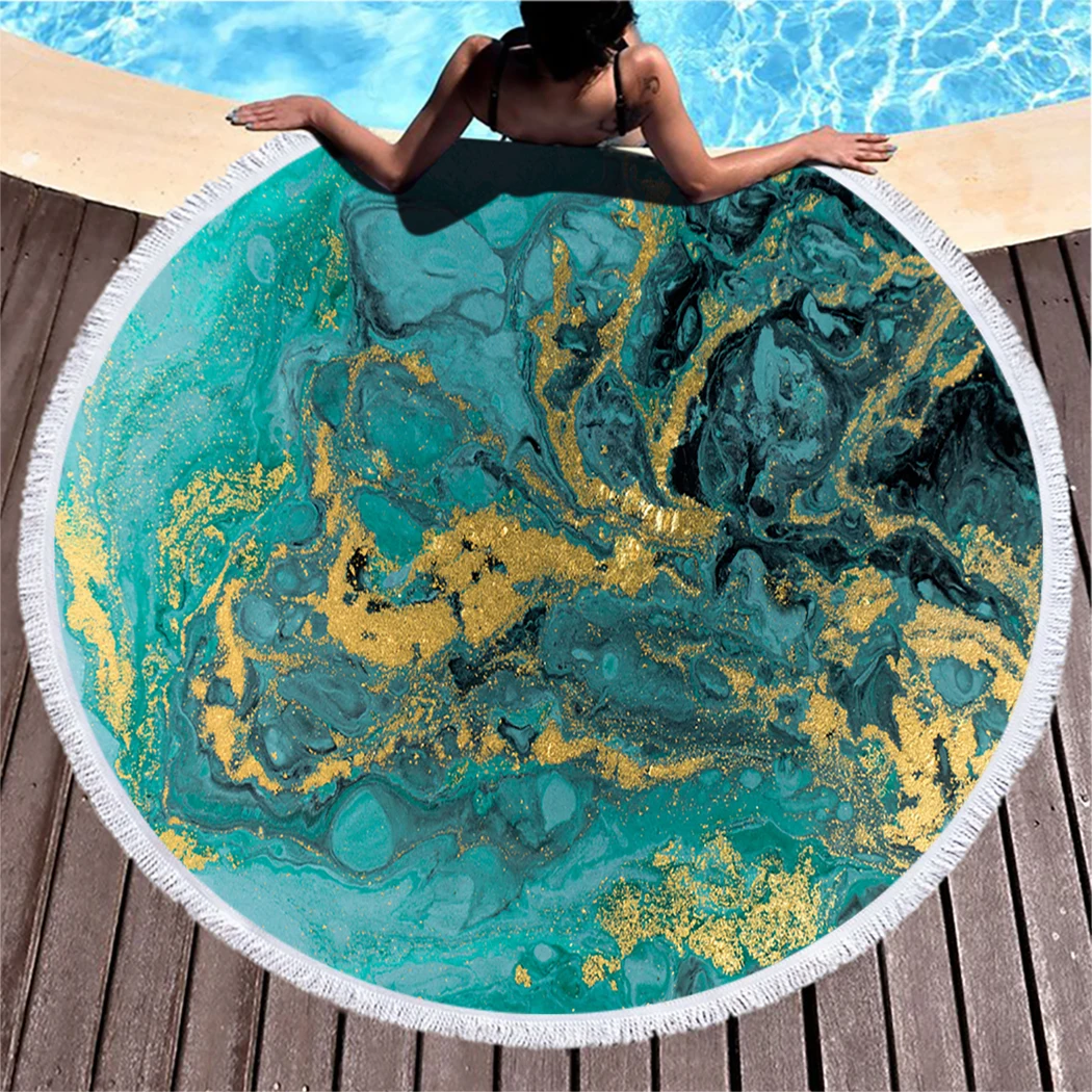 

Marble Abstract Acrylic Round Beach Towel Golden Glitter Microfiber Beach Towel With Tassel Blue Ocean Compressed Bath Towel