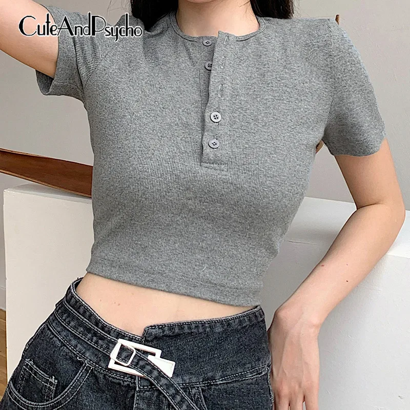 

Casual Women's Short Tee Shirts Summer Sexy Skinny Short Top with Button Streetwear Fashion Cotton Shirt for Women Cuteandpsycho