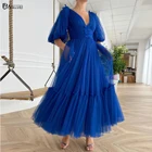 Женское Тюлевое платье с пышными рукавами, короткое ТРАПЕЦИЕВИДНОЕ ПЛАТЬЕ ИЗ ТЮЛЯ в горошек с V-образным вырезом, вечернее платье до середины икры, 2019