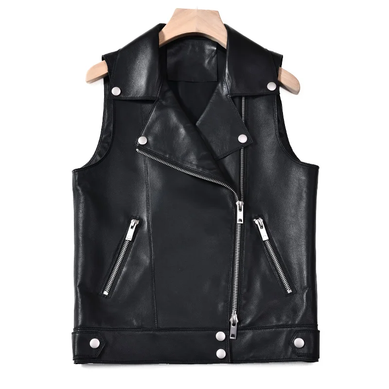 Весенний жилет из натуральной кожи Женский мотоциклетный куртка без рукавов