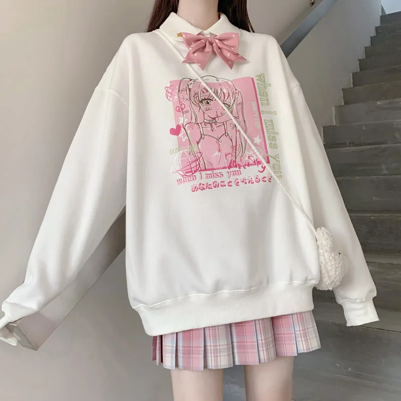 

Original Japanese Cute Sweet Pink Anime Girl Print Hoodies Female Japanese Soft Sister Pullover Women White Base Shirt Student