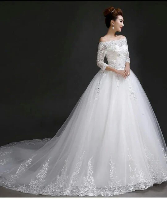

New style lace appliques long sleeve off the shoulder a-line lace up court train white wedding dress custom made size