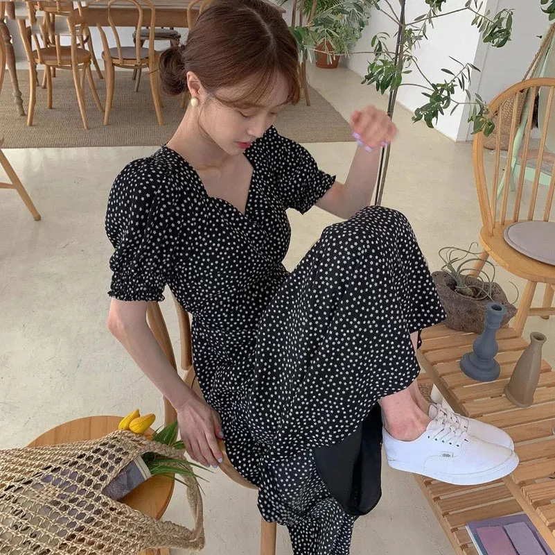 

HFJ Women Dress Korean Fashion New Clothes Vintage Square Collar Lace Up Vestidos Slim Fit Print Lantern Sleeve Dresses 92609