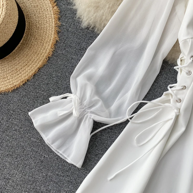 

2021 New Autumn Party Dress Retro Gothic Women Black White Bandage Slim Waist Bandage Dress Ruffled Puff Sleeve Korean Vestidos