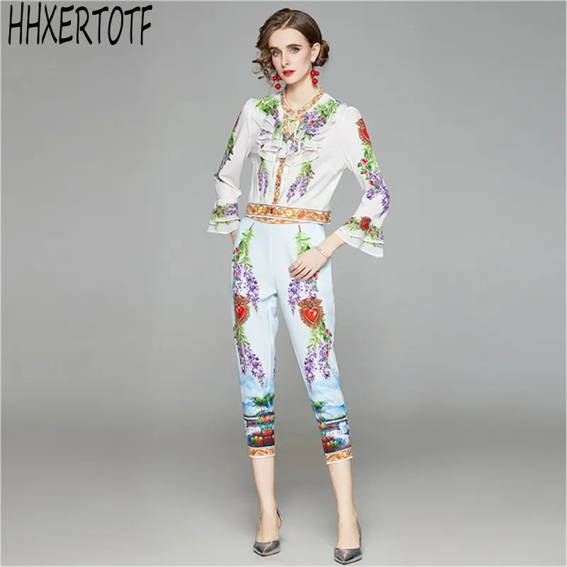 

2020 autumn Fashion Runway Pants Suit Sets Women's Flare Sleeve O neck Print Blouses + Casual Pants Two Pieces Sets