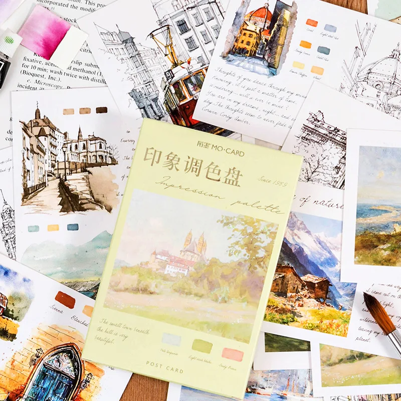 

30 Pcs/Set Impression Palette Series Postcard Vintage Oil Painting Greeting Cards Message Card Stationery