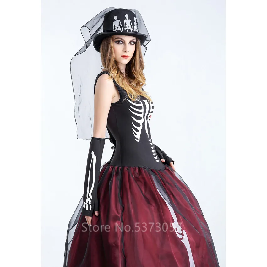 

Halloween Vampire Cosplay Scary Costume Skeleton Print Lace Dress Women Witch Ghost Bride Carnival Party Stage Performance Wear